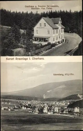 Ak Braunlage im Oberharz, Gasthaus und Pension Jermerstein v. Max Freist, Panorama, Wurmberg