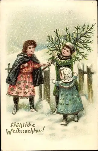 Präge Litho Frohe Weihnachten, Kinder mit Tannenbaum im Schnee