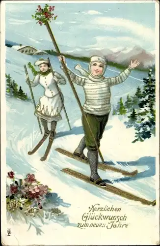 Präge Ak Glückwunsch Neujahr, Paar auf Skiern, Winterlandschaft