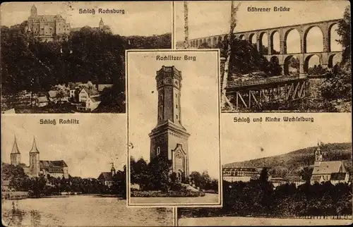 Ak Rochlitz an der Mulde, Schloß, Göhrener Brücke, Kirche, Berg
