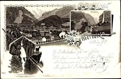 Litho Interlaken Kt. Bern Schweiz, Totalansicht, Staubbach, Gießbach