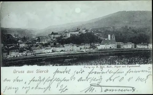 Mondschein Ak Sierck les Bains Moselle, Totalansicht vom Ort, Bahnstrecke