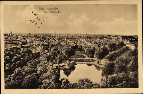 Ak Braunschweig in Niedersachsen, Gesamtansicht, Wohnhäuser, Kirche, Wasser