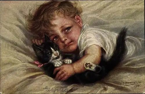 Künstler Ak Borrmeister, R., Gespielen, blondes Kleinkind mit schwarz weißer Katze