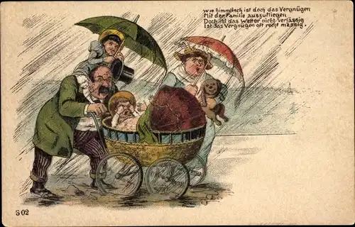 Litho Familie mit Kinderwagen im Regen, Wie himmlisch ist doch das Vergnügen