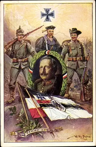 Künstler Ak Stöwer, Willy, Durch Kampf zum Sieg, Wilhelm II., Armee, Marine, Kolonialtruppen, EK