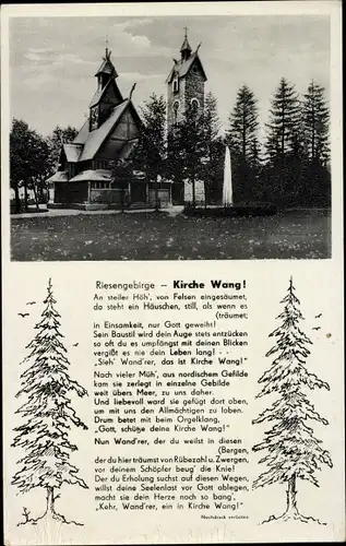 Ak Riesengebirge Schlesien, Kirche Wang, Außenansicht, Nadelbäume, Gedicht