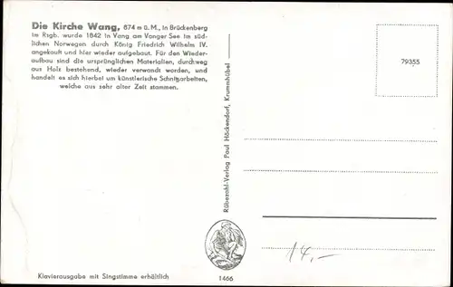 Ak Riesengebirge Schlesien, Kirche Wang, Außenansicht, Nadelbäume, Gedicht