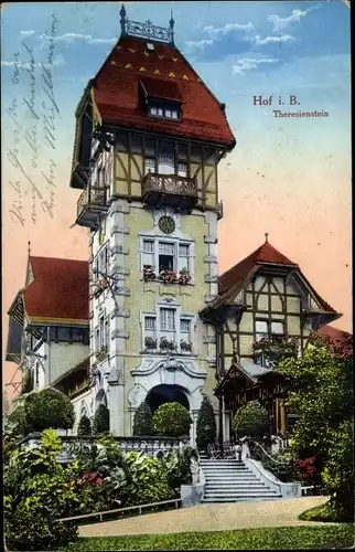 Ak Hof an der Saale Oberfranken Bayern, Theresienstein, Außenansicht m. Turm