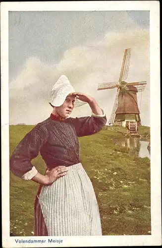 Ak Volendammer Meisje, Frau in Volkstracht, Windmühle