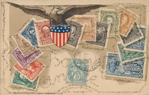 Glitzer Briefmarken Ak USA, United States Post Office, Stamps, Adler, Wappen