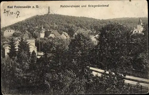 Ak Bad Freienwalde an der Oder, Melcherstraße und Kriegerdenkmal, Wald