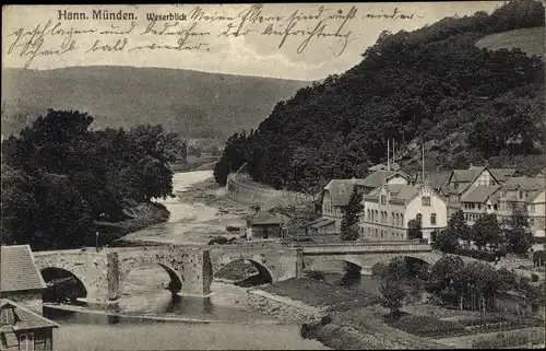 Ak Hann. Münden in Niedersachsen, Weserblick, Brücke, Wohnhäuser