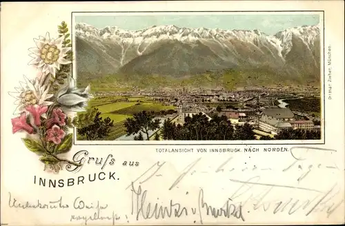 Litho Innsbruck in Tirol, Totalansicht nach Norden