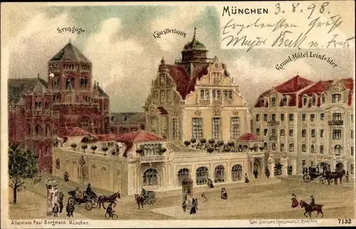 Litho München Bayern, Synagoge, Synagoge, Künstlerhaus, Grand Hotel Leinfelder