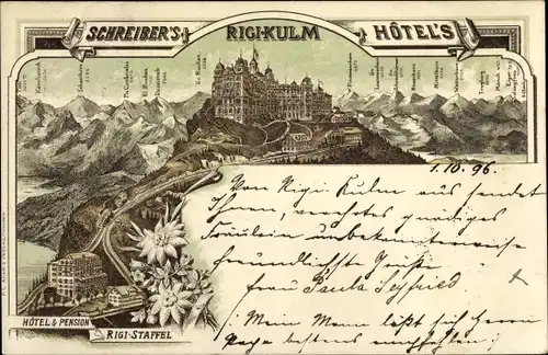 Litho Rigi Kulm Kt. Schwyz, Schreiber's Hotel Pension, Rigi Staffel