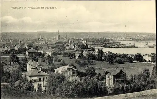Ak Konstanz am Bodensee, Teilansicht vom Ort mit Hafen u. Münster, Blick von Kreuzlingen aus