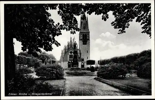 Ak Erkner in Brandenburg, Kriegerdenkmal, Kirche, Grünanlage