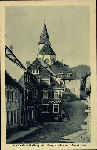 Ak Gernsbach im Schwarzwald, Hauptstraße, St. Anna Kirche, Apotheke