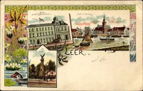 Litho Leer in Niedersachsen, Hotel zum Prinzen von Oranien, Hafen mit Rathaus, Kriegerdenkmal