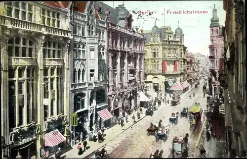 Ak Berlin Mitte, Partie an der Friedrichstraße, Pferdekutschen, Häuser, Fußgänger