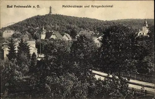 Ak Bad Freienwalde an der Oder, Melcherstraße und Kriegerdenkmal, Wald