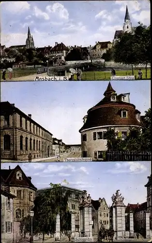 Ak Ansbach in Mittelfranken Bayern, Eiserner Steg, Theresienstraße, Schlosstor