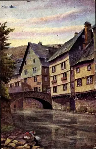 Künstler Ak Monschau Montjoie in der Eifel, Alte Häuser an der Rur, Wäscherin am Flussufer