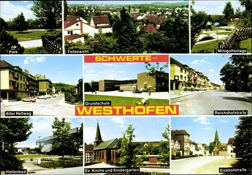 Ak Westhofen Schwerte im Ruhrgebiet, Park, Minigolfanlage, Alter Hellweg, Reichshofstraße, Hallenbad
