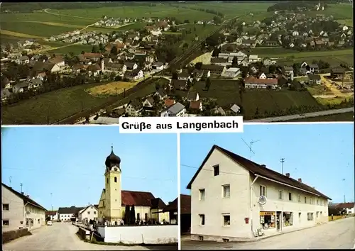 Ak Langenbach Oberbayern, Fliegeraufnahme des Ortes, Kirche, Edeka Geschäftshaus