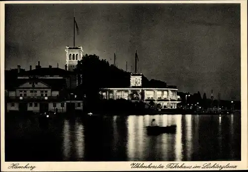 Ak Hamburg Nord Uhlenhorst, Uhlenhorster Fährhaus im Lichterglanz, Nachtansicht