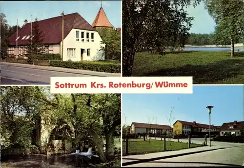 Ak Sottrum Holle in Niedersachsen, Kirche, Badesee, Wassermühle, Schulhaus