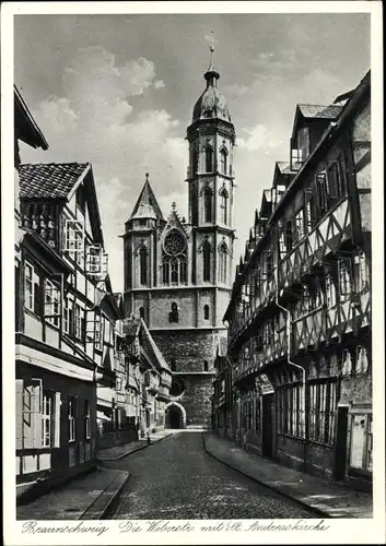 Ak Braunschweig in Niedersachsen, Weberstraße mit St. Andreas Kirche, Fachwerkhäuser