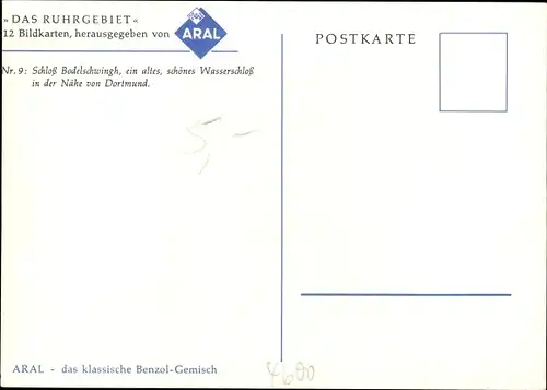 Künstler Ak Bodelschwingh Dortmund, Schloss Bodelschwingh, Wasserschloss, Reklame Aral