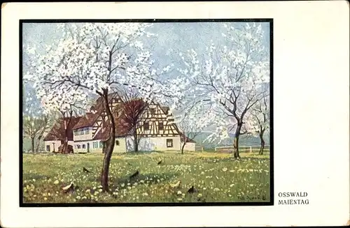 Künstler Ak Osswald, Maientag, Baumblüte, Blumenwiese, Bauernhaus, Hühner