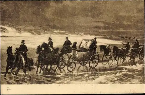Künstler Ak Frau liegt in einer Kutsche, Mann auf einem Karren, Reiter am Strand