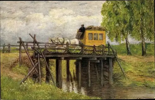 Künstler Ak Priem, C., Alte Zeiten, Postkutsche fährt über eine Brücke