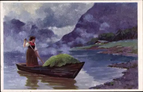 Künstler Ak Frau in Volkstracht, Ruderboot, Landschaftsblick, Wenau Delila 1872