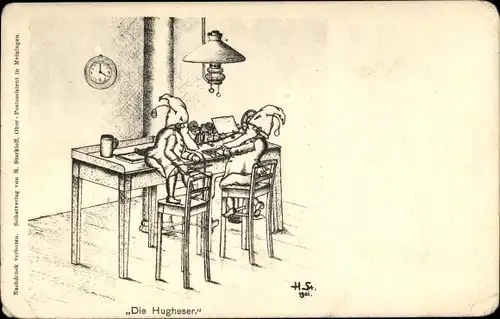 Künstler Ak Starkloff, H., Die Hugheser, Zwerge am Schreibtisch