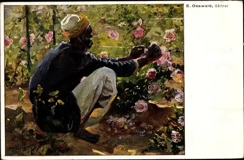 Künstler Ak Osswald, E., Gärtner bei der Arbeit, Blumenbeet 