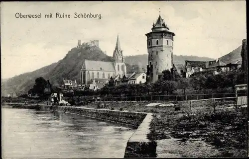 Ak Oberwesel in Rheinland Pfalz, Teilansicht vom Ort, Ruine Schönburg, Liebfrauenkirche, Haagsturm