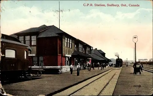 Ak Sudbury Ontario Kanada, C.P.R. Station, Bahnhof, Eisenbahn