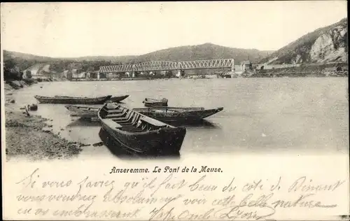 Ak Anseremme Dinant Wallonien Namur, Le Pont de la Meuse, plage, barques