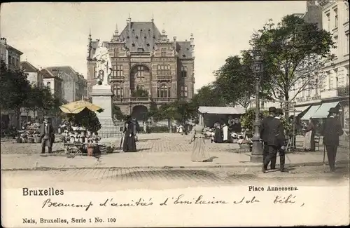 Ak Bruxelles Brüssel, Place Anneesens, Monument, Passants, Foyers de Luxe et Ordinaires