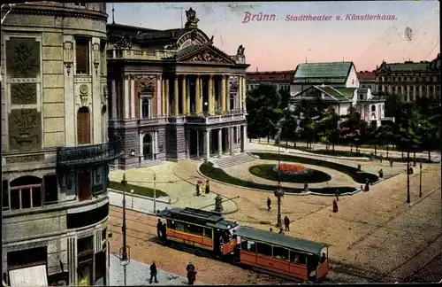 Ak Brno Brünn Südmähren, Stadttheater u. Künstlerhaus, Straßenbahn