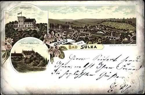 Litho Bad Sulza in Thüringen, Krähenhütte, Schloss Bergsulza, Ortspanorama
