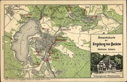Landkarten Litho Buckow in der Märkischen Schweiz, Erholungsheim Wilhelmshöhe, Schermützelsee, Forst