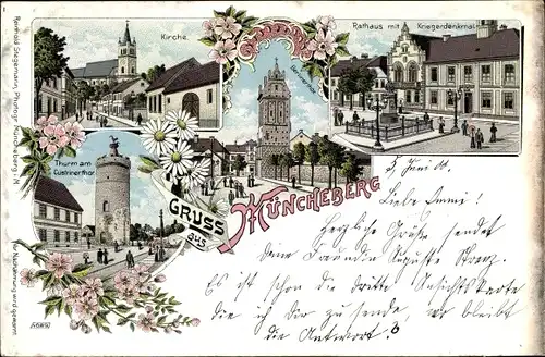 Litho Müncheberg Märkisch Oderland, Kirche, Rathaus, Kriegerdenkmal, Berliner Tor, Küstriner Tor