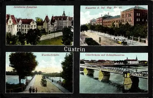 Ak Kostrzyn nad Odrą Cüstrin Ostbrandenburg, Artillerie Kaserne, Kaserne Inf. Reg. Nr. 48, Brücke