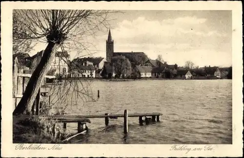 Ak Barlinek Berlinchen Neumark Ostbrandenburg, Frühling am See, Kirche